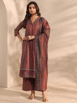 Libas - Maroon Ajrakh Printed Panelled A-Line Kurta With Palazzo & Dupatta