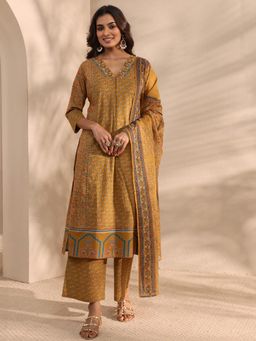 Libas - Mustard Floral Printed Panelled A-Line Kurta With Palazzo & Dupatta