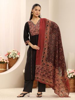 Libas - Black Floral Ajrakh Printed Yoke Design Straight Kurta With Pant & Dupatta