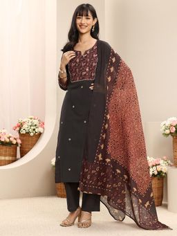 Libas - Black Floral Ajrakh Printed Straight Kurta With Pant & Dupatta