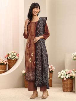 Libas - Brown Ethnic Motif Printed Straight Kurta With Pant & Dupatta