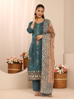 Libas - Teal Bandhani Printed Straight Kurta With Pant & Dupatta