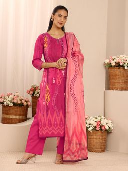 Libas - Pink Bandhani Printed Straight Kurta With Pant & Dupatta