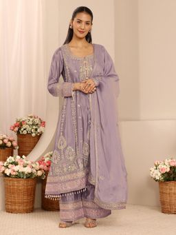 Libas Art - Lavender Ethnic Motif Zari Embroidered A-Line Kurta With Palazzo & Dupatta