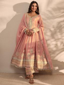 Libas Art - Peach Ethnic Motif Zari Embroidered A-Line Kurta With Palazzo & Dupatta