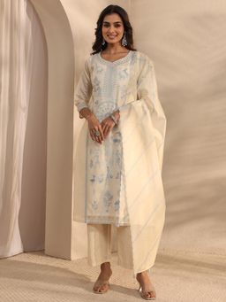 Libas Art - Cream Tribal Embroidered Straight Kurta With Pant & Dupatta
