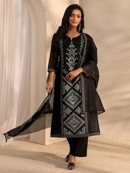 Libas Art - Black Floral Embroidered Straight Kurta With Pant & Dupatta