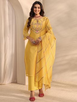 Libas Art - Yellow Floral Embroidered Yoke Design Straight Kurta With Pant & Dupatta