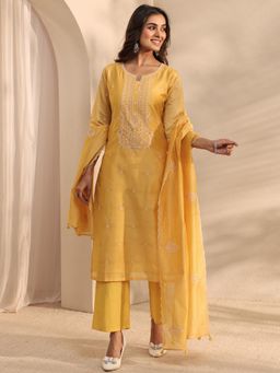 Libas Art - Yellow Floral Embroidered Straight Kurta With Pant & Dupatta