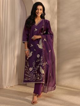 Libas Art - Burgundy Floral Embroidered Straight Kurta With Pant & Dupatta
