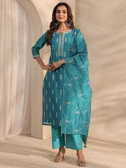 Libas Art - Blue Floral Embroidered Straight Kurta With Pant & Dupatta