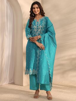 Libas Art - Blue Floral Embroidered Straight Kurta With Pant & Dupatta