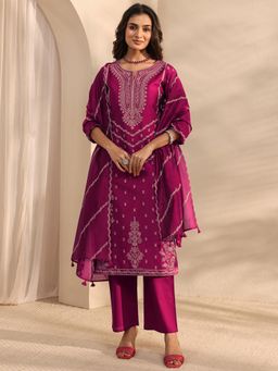 Libas Art - Magenta Ethnic Motif Embroidered Straight Kurta With Pant & Dupatta