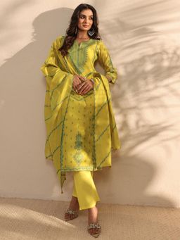 Libas Art - Yellow Ethnic Motif Embroidered Straight Kurta With Pant & Dupatta