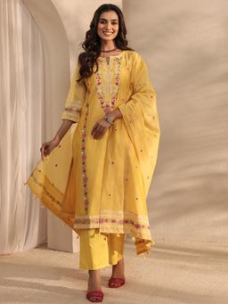 Libas Art - Yellow Floral Embroidered Straight Kurta With Pant & Dupatta