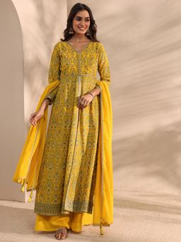 Libas Art - Mustard Floral Embroidered Front Slit Long A-Line Kurta With Palazzo & Dupatta