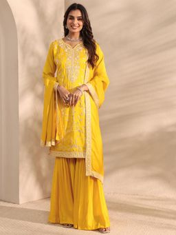 Libas - Mustard Floral Embroidered Straight Kurta With Sharara & Dupatta