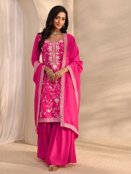 Libas - Pink Floral Embroidered Straight Kurta With Sharara & Dupatta