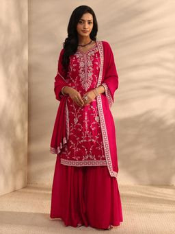 Libas - Red Floral Embroidered Straight Kurta With Sharara & Dupatta