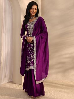 Libas - Purple Floral Embroidered Straight Kurta With Sharara & Dupatta