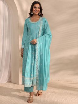 Libas - Blue Floral Embroidered Straight Kurta With Pant & Dupatta