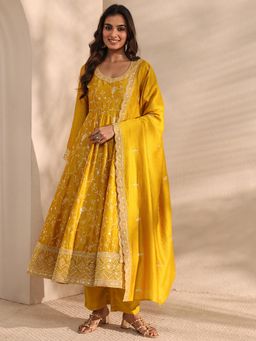 Libas - Mustard Floral Embroidered Straight Kurta With Pant & Dupatta