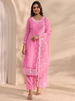 Libas - Pink Floral Embroidered Straight Kurta With Pant & Dupatta