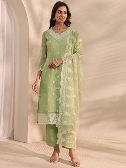 Libas - Green Floral Embroidered Straight Kurta With Pant & Dupatta
