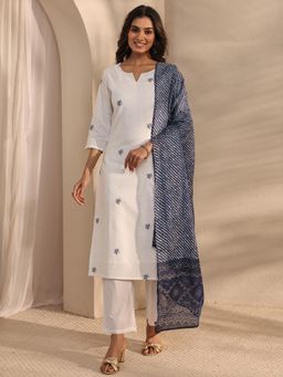 Libas - White Floral And Chevron Embroidered Straight Kurta With Pant & Dupatta