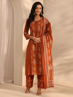 Libas - Rust Bandhani Printed Straight Kurta With Palazzo & Dupatta
