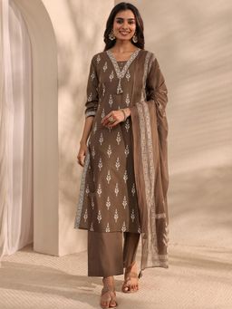 Libas - Brown Printed Straight Kurta With Palazzo & Dupatta