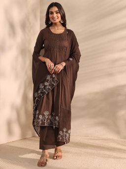Libas - Brown Pleated A-Line Kurta With Pant & Dupatta