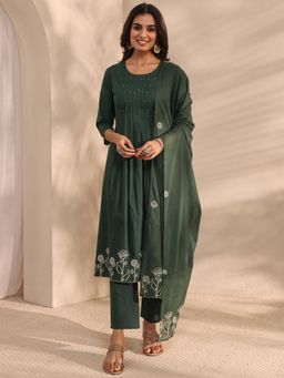 Libas - Green Pleated A-Line Kurta With Pant & Dupatta