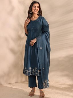 Libas - Teal Pleated A-Line Kurta With Pant & Dupatta