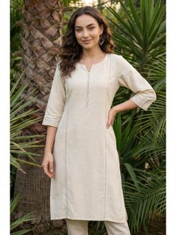 Aurelia - Women's Beige Solid Yarn Dyed Cotton Blend Straight Kurta