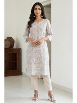 Aurelia - Women's White Floral Printed Rayon Straight Kurta