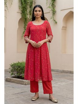 Aurelia - Women's Red Floral Printed Chiffon Flared Kurta