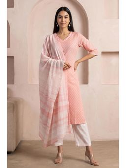 Aurelia - Women’s Peach Yarn Dyed Pure Cotton Straight Kurta With Palazzo & Dupatta