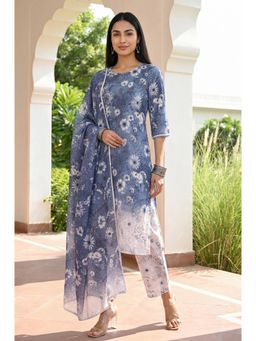 Aurelia - Women's Blue Floral Printed Pure Cotton Straight Kurta With Palazzo & Dupatta