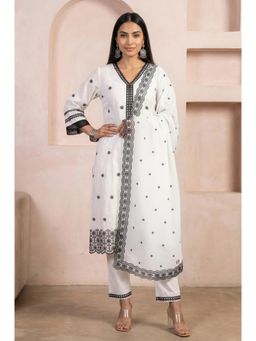 Aurelia - Women's White Embroidered Pure Cotton Straight Kurta With Pant & Dupatta