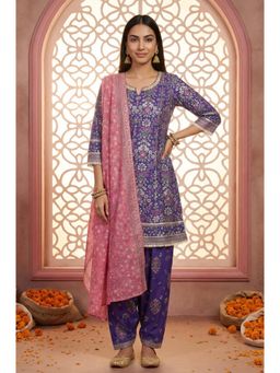 Aurelia - Women's Purple Floral Printed Rayon Straight Kurta With Salwar & Dupatta