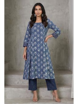 Folksong - Women's Blue Block Printed Pure Cotton A-Line Kurta