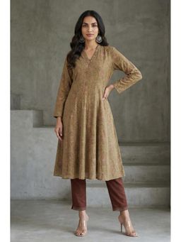 Folksong - Women's Green Block Printed Pure Cotton Flared Kurta