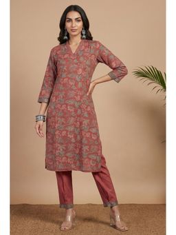 Folksong - Women's Dark Red Pure Cotton Straight Kurta With Pant