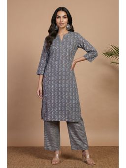 Folksong - Women's Grey Pure Cotton Straight Kurta With Parallel Pant