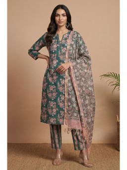 Folksong - Women's Green Cotton Straight Kurta With Pant & Dupatta
