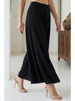 Elleven - Women's Black Solid Crepe Wide Leg Flared Palazzo