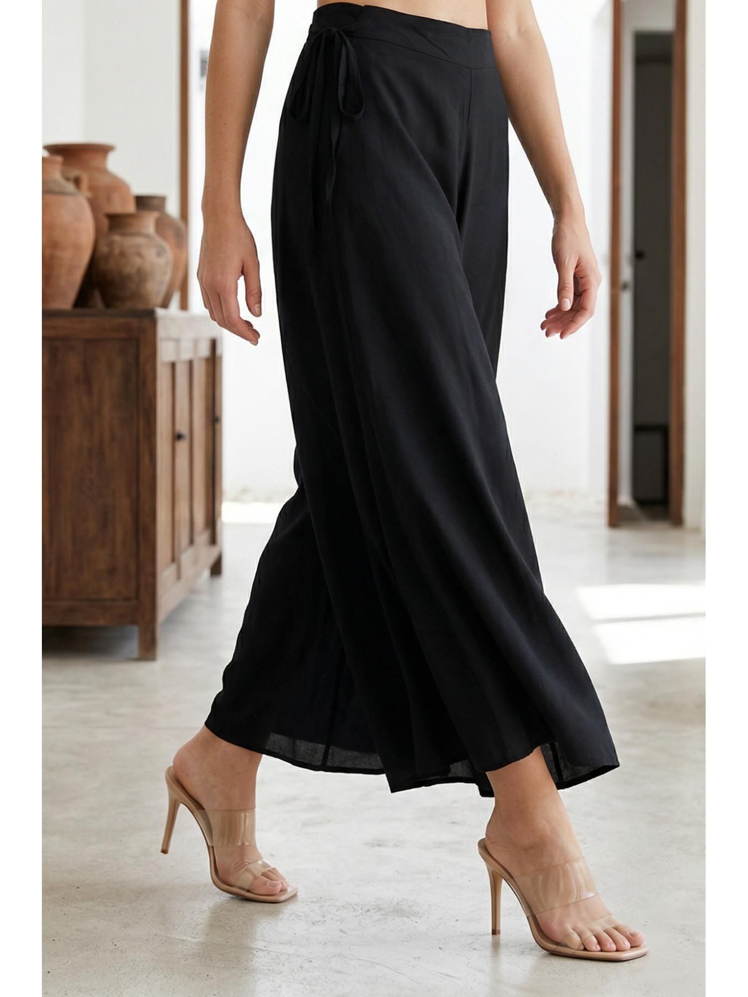 elleven Women's Black Solid Rayon Wide Leg Palazzo-picture-11
