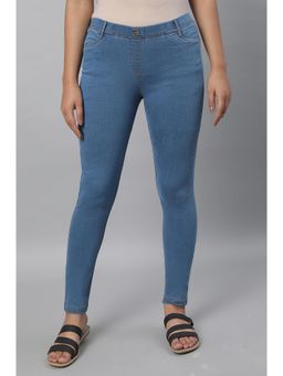 Elleven - Women's Blue Yarn Dyed Solid Buttons Denim Lycra Skinny Fit Jeggings