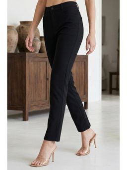 Elleven - Women's Black Solid Rayon Blend Slim Fit Trouser